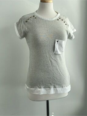 Zara Light Gray Short Sleeve Knit Top Studs on Shoulders and Pocket (skeleton)